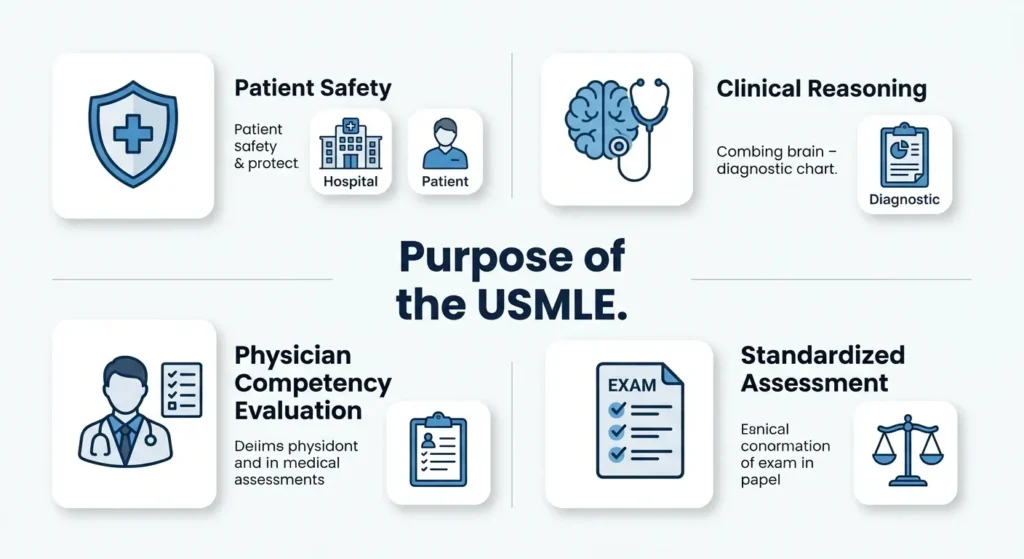 اینفوگرافیکی که اهداف اصلی آزمون USMLE از جمله تصمیمگیری بالینی در مورد ایمنی بیمار و ارزیابی صلاحیت پزشک را نشان میدهد