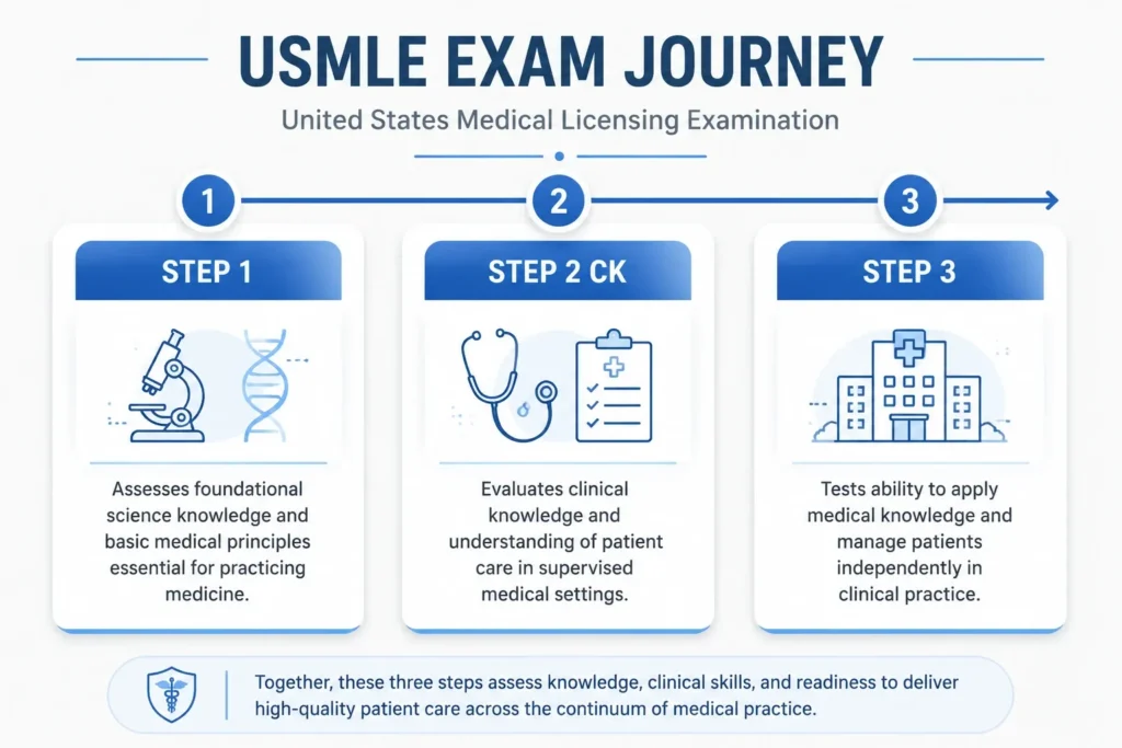 جدول زمانی که سه مرحله آزمون USMLE مرحله 1 مرحله 2 CK و مرحله 3 را نشان میدهد