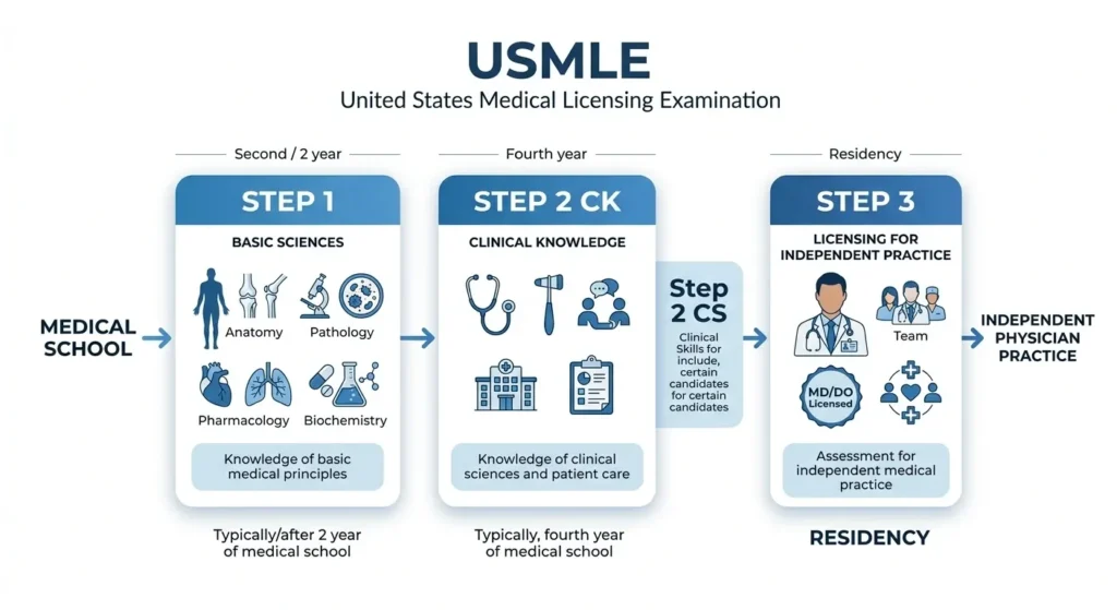 نمودار ساختار کلی USMLE 2026 که مرحله ۱، مرحله ۲، CK و مرحله ۳ را در فرآیند صدور مجوز پزشکی ایالات متحده نشان میدهد