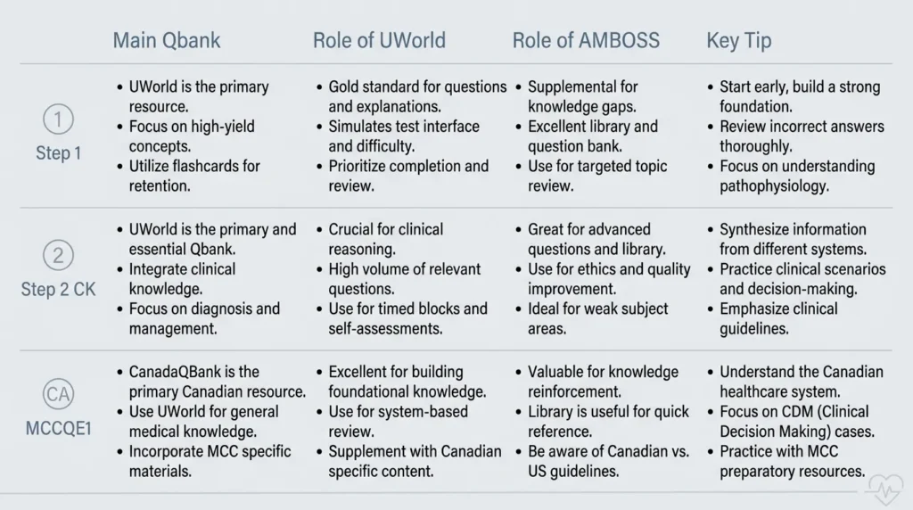 جدول مقایسهای UWorld و AMBOSS برای آزمونهای Step 1، Step 2 CK و MCCQE1؛ شامل ستونهای Qbank اصلی، نقش UWorld، نقش AMBOSS و نکته کلیدی برای هر آزمون.